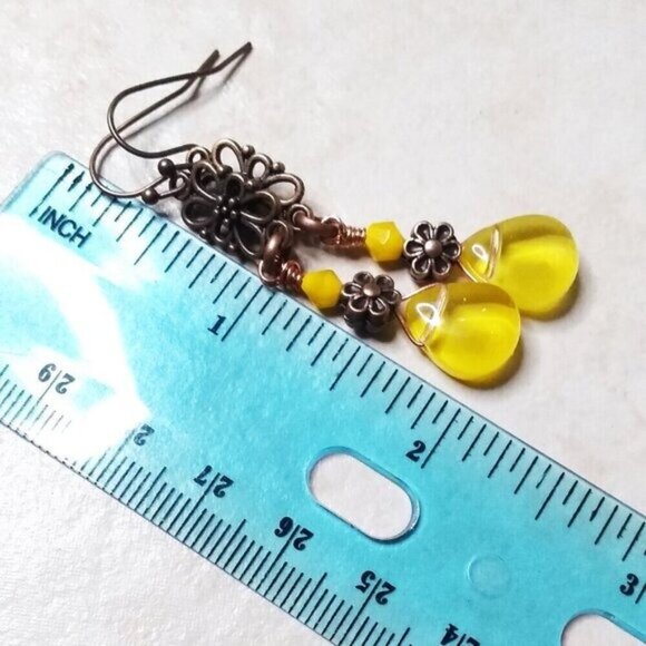 🍂🍁🍃 3/$25! Lemon Gumdrop Petals & Copper Flower + Filigree Dangle Earrings! - Picture 7 of 9